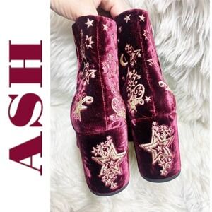 ASH Elixir‎ Burgundy Velvet Chunky Heel Bootie Celestial Gold Stars Moons, EU 40